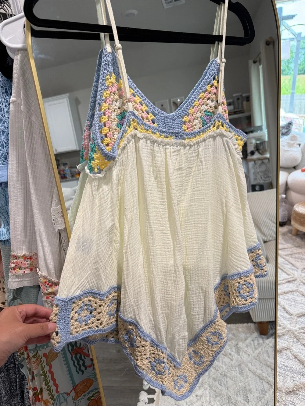 POL Crochet-Trim Cream Gauze Camisole Top - Pastel Accents - Picture 5 of 5